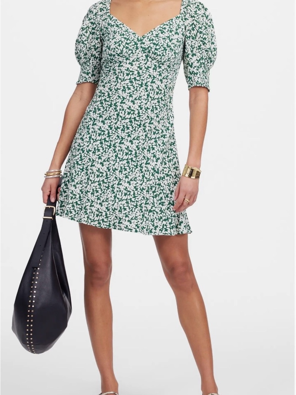 Madewell Green and White Floral Puff-Sleeve Mini Dress